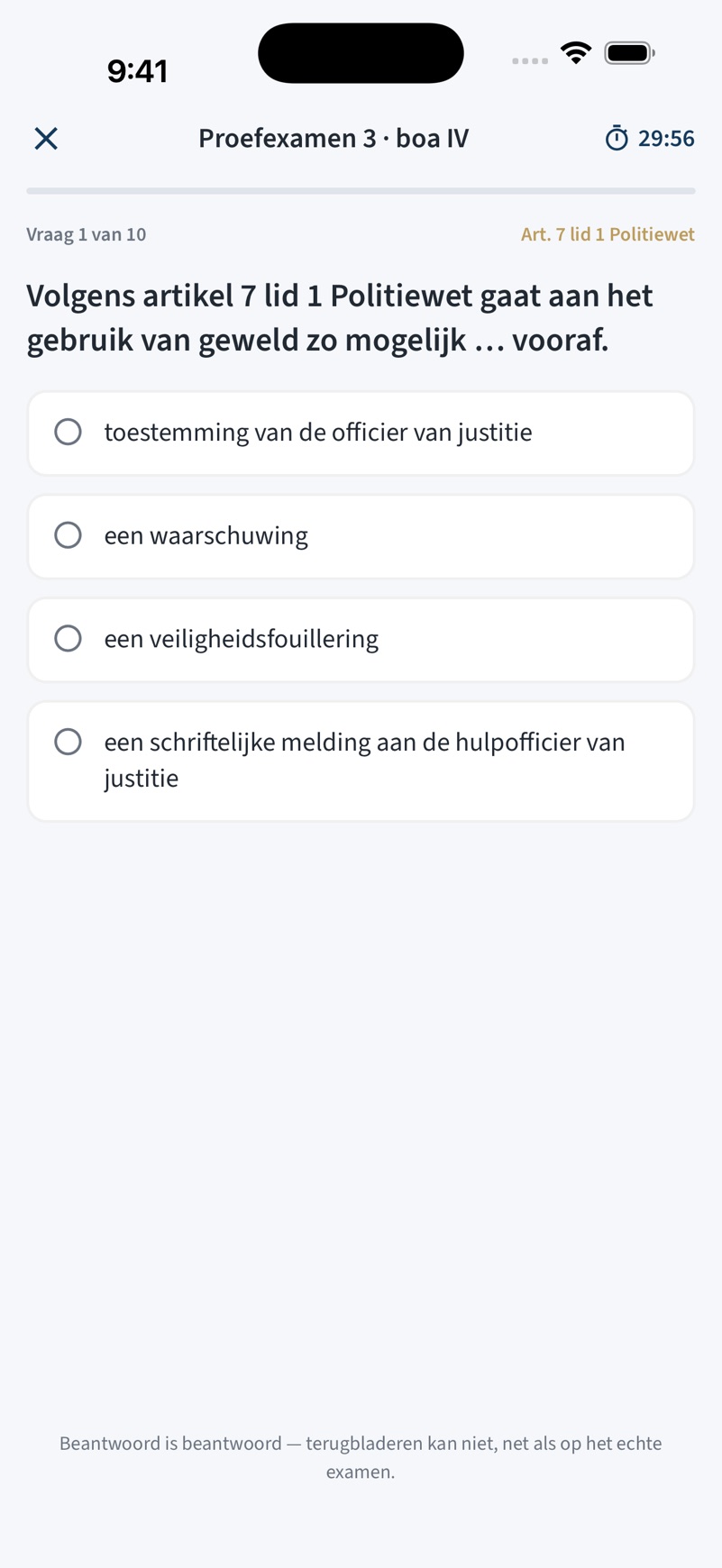 Een vraag uit een proefexamen voor categorie IV, met de klok en het wetsartikel